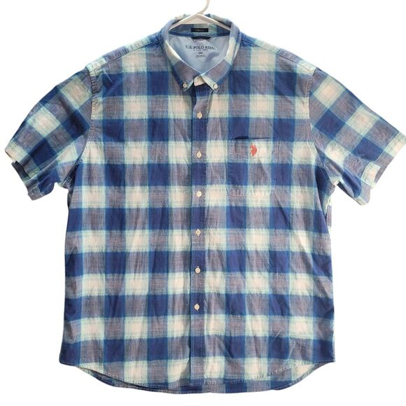 U.S. Polo Ass Mens Button Down Shirt 2XL‎ Blue Plaid Short Sleeve Pocket - Picture 1 of 8